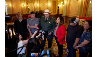 Senator Marie Alvarado-Gil speaks with reporters about SB 818